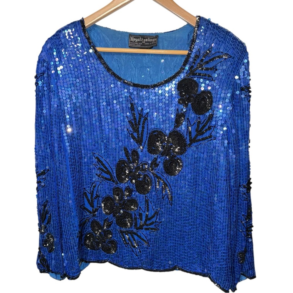 Royal Feelings vintage blouse 100% silk beading and sequin floral patterns